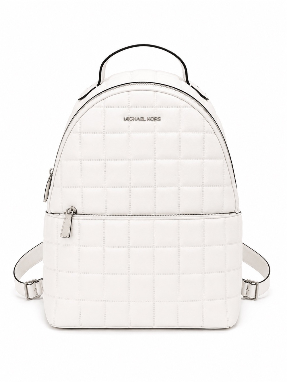 Michael Kors White Quilted Leather Backpack Silver Hardware Front Zip Pocket - Picture 2 of 11